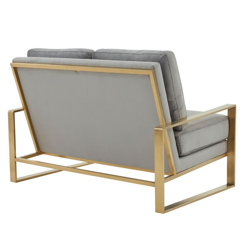 Leisuremod Jefferson Contemporary Modern Velvet Loveseat with Gold Frame Light Grey Back View.
