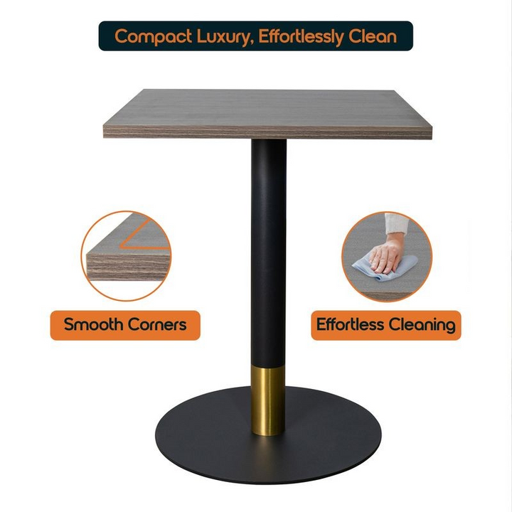 LeisureMod Vail Collection Dining Table Black/Gold Base With 24" Square Dark Brown MDF Top Details.