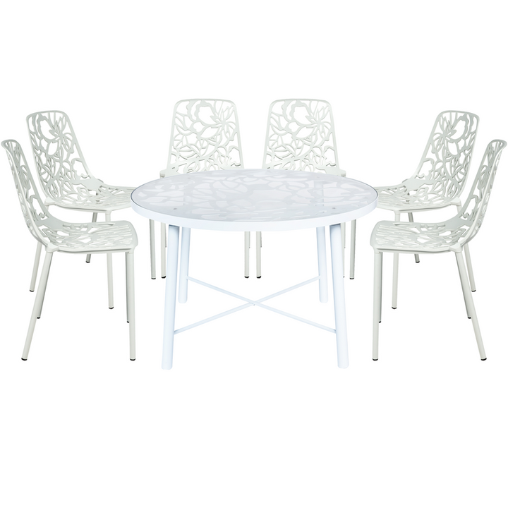 LeisureMod Devon Mid-Century Modern 7-Piece Aluminum Outdoor Patio Dining Set with Tempered Glass Top Table and 6 Stackable Flower Design Chairs White