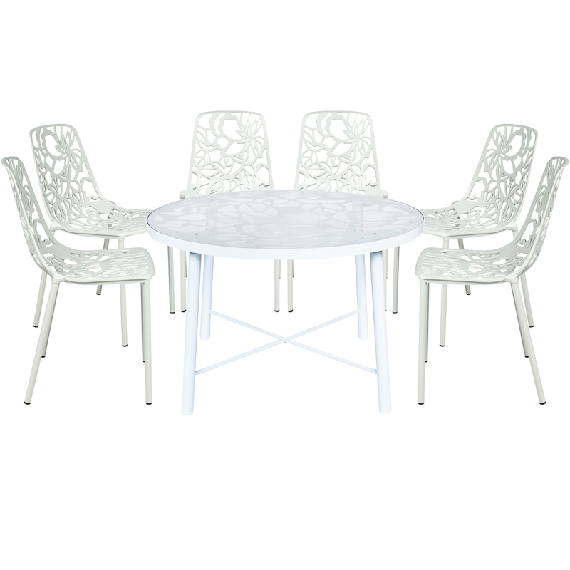 LeisureMod Devon Mid-Century Modern 7-Piece Aluminum Outdoor Patio Dining Set with Tempered Glass Top Table and 6 Stackable Flower Design Chairs White
