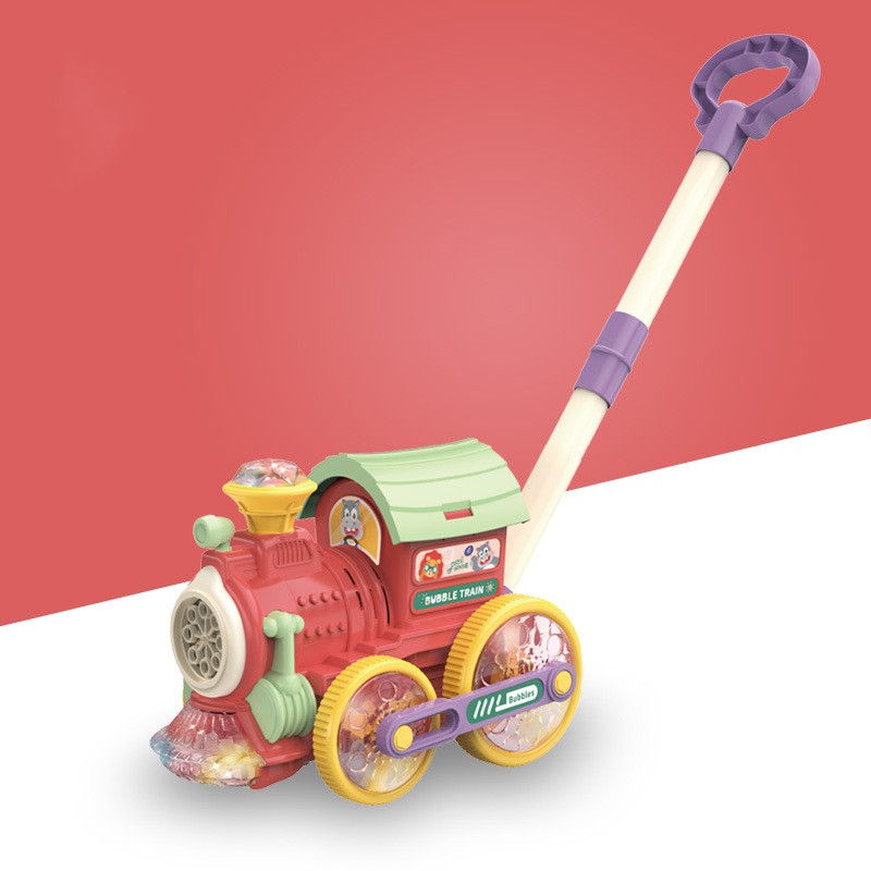 Colorful toy train with a handle on a red and white background.