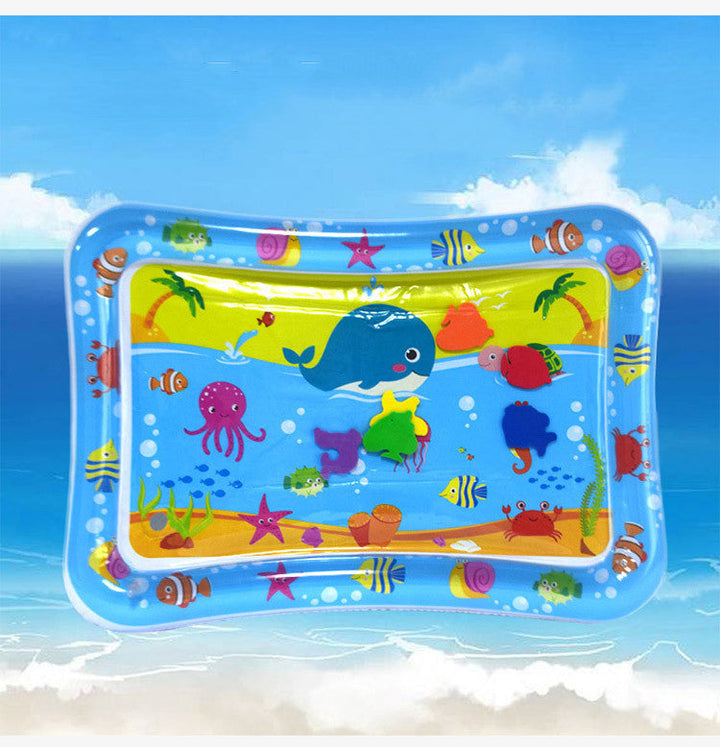 Inflatable water mat with ocean-themed design on a blue background.