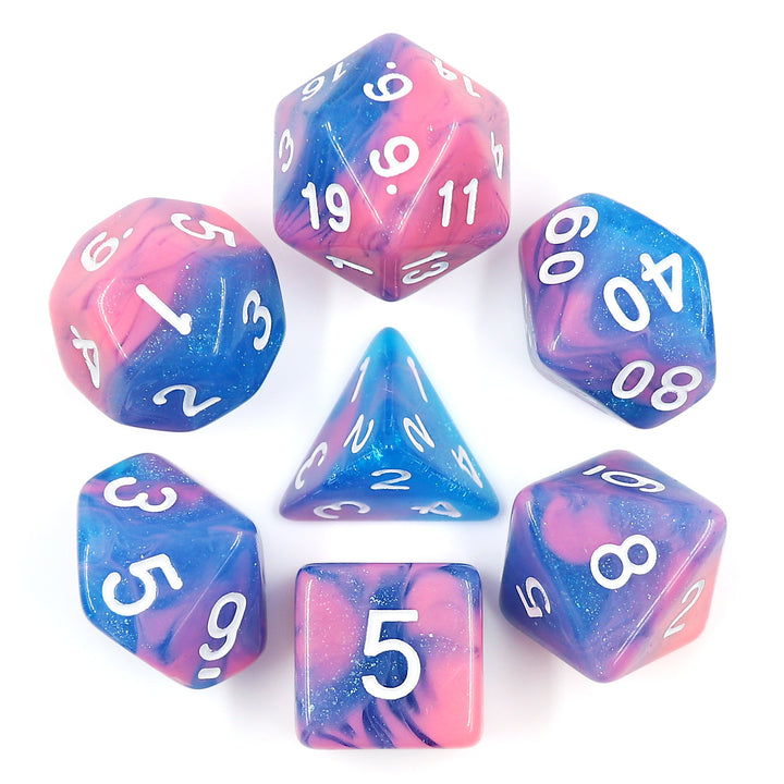 Miami Vice Blue/Pink Glitter/Swirl  7-Dice Set by HendgaDice