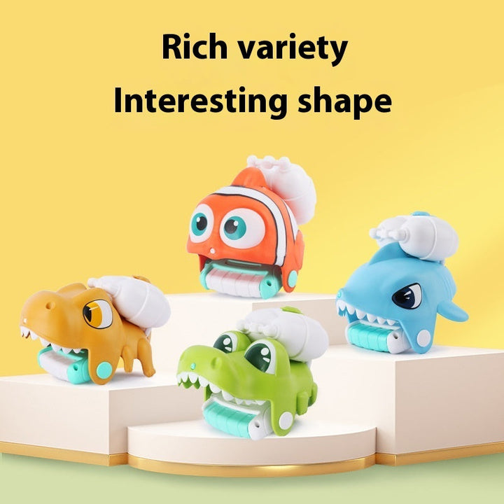 Four colorful animal figurines on a stand with a yellow background.