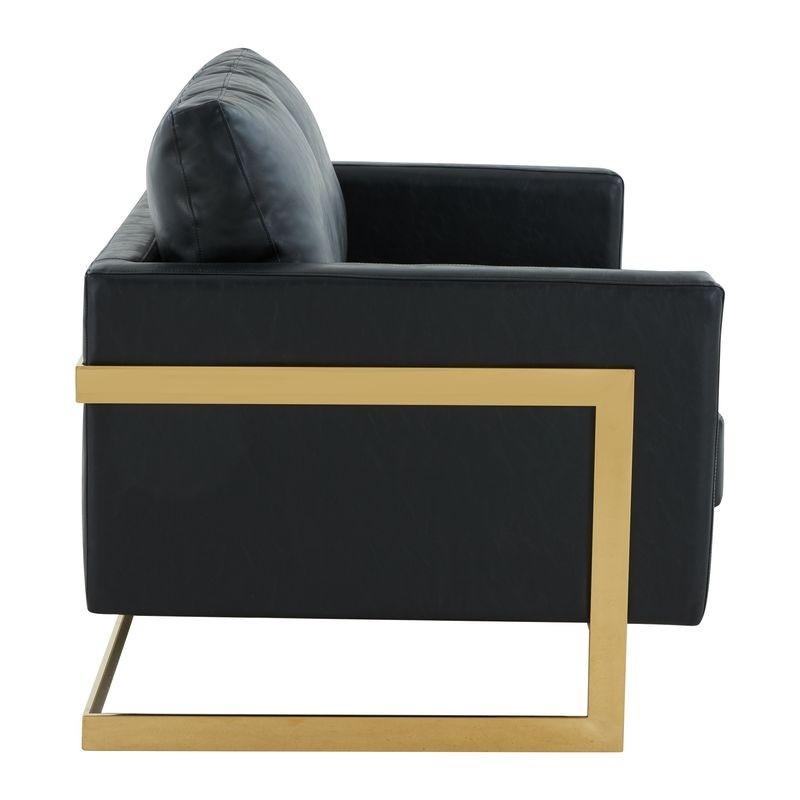 LeisureMod Lincoln Modern Mid-Century Upholstered PU Leather Loveseat with Gold Frame Black Side View.