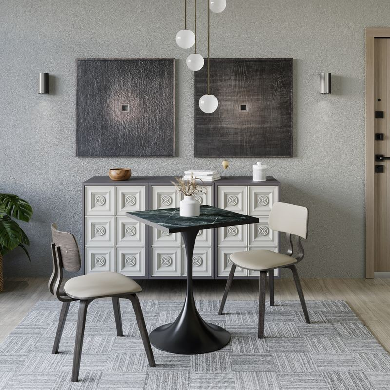 LeisureMod Verve Collection 24 Square Dining Table, Black Base with Black MDF Top in Room.