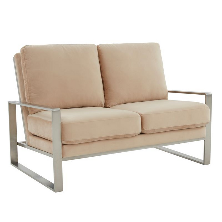 Leisuremod Jefferson Contemporary Modern Velvet Loveseat with Silver Frame Beige