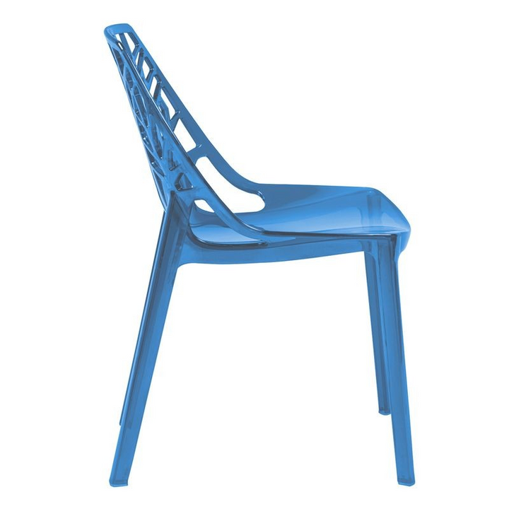LeisureMod Cornelia Modern Spring Cut-Out Tree Design Stackable Dining Chair Transparent Blue Side View.