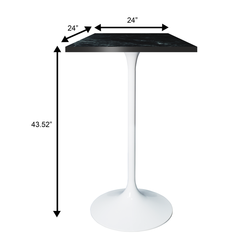 LeisureMod Verve Collection 24 Square Top Bar Height Table, White Base with Black MDF Top Dimensions.