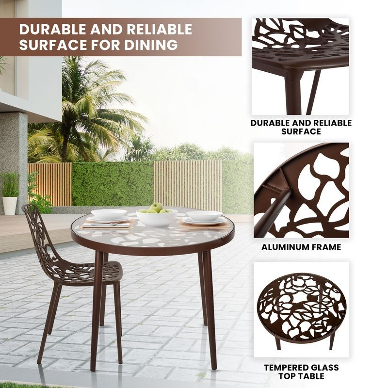 Outdoor dining set with table and chairs on a patio, featuring durable surface and aluminum frame text.