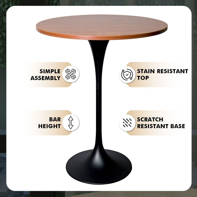 LeisureMod Verve Collection Modern Bar Height Table Black Base with 27" Round Cognac Brown MDF Top Details.