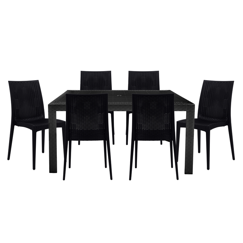 Black dining table with six matching chairs on a white background.