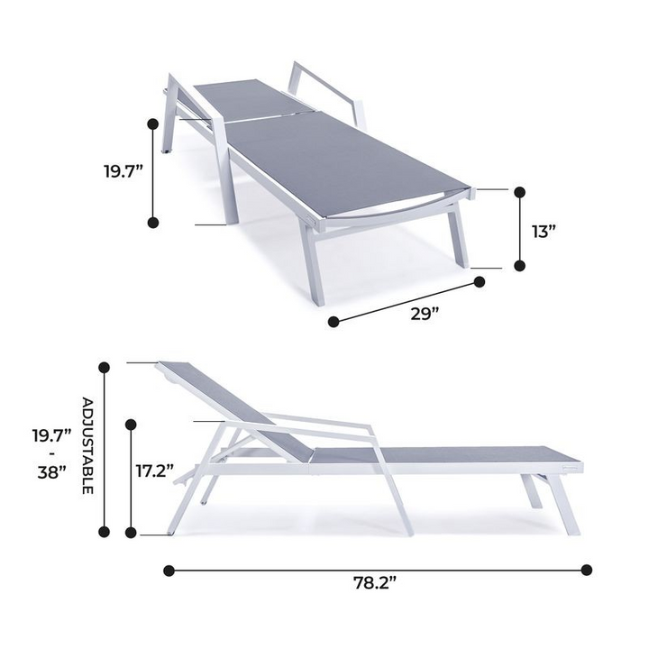 LeisureMod Marlin Patio Chaise Lounge Chair with Armrests in White Aluminum Frame Dark Grey Dimensions.