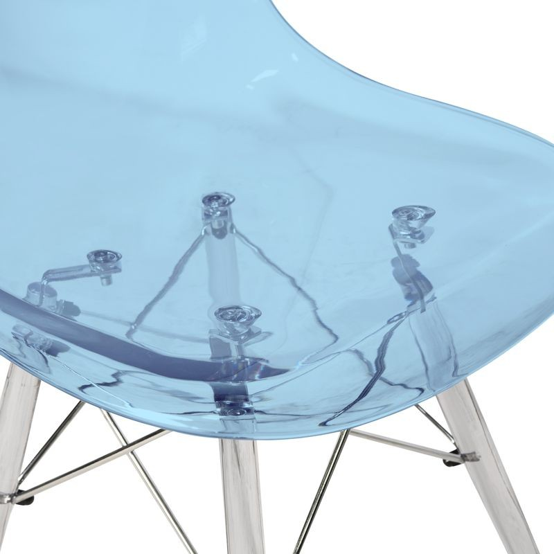 LeisureMod Dover Molded Side Chair with Acrylic Base Transparent Blue Closeup.