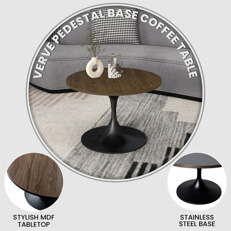 LeisureMod Verve Coffee Table Black base with 27" Round Dark Brown Wood MDF Top Details.