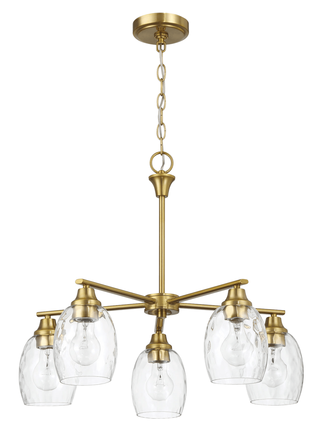 Elegance Five Lights Linear Arms with Golden Brass Finish Chain Chandelier 24"W × 8.5"H with Clear Water Glass