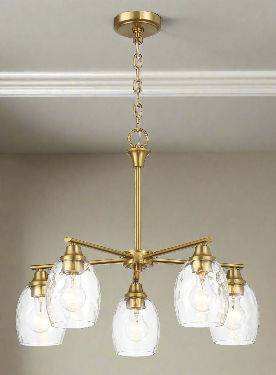 Elegance Five Lights Linear Arms with Golden Brass Finish Chain Chandelier 24"W × 8.5"H with Clear Water Glass Photo