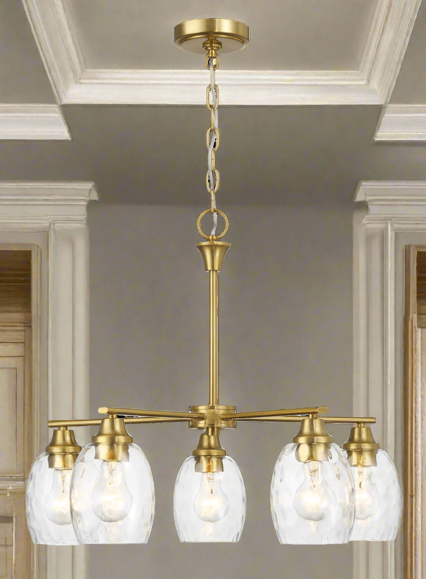 Elegance Five Lights Linear Arms with Golden Brass Finish Chain Chandelier 24"W × 8.5"H with Clear Water Glass Front