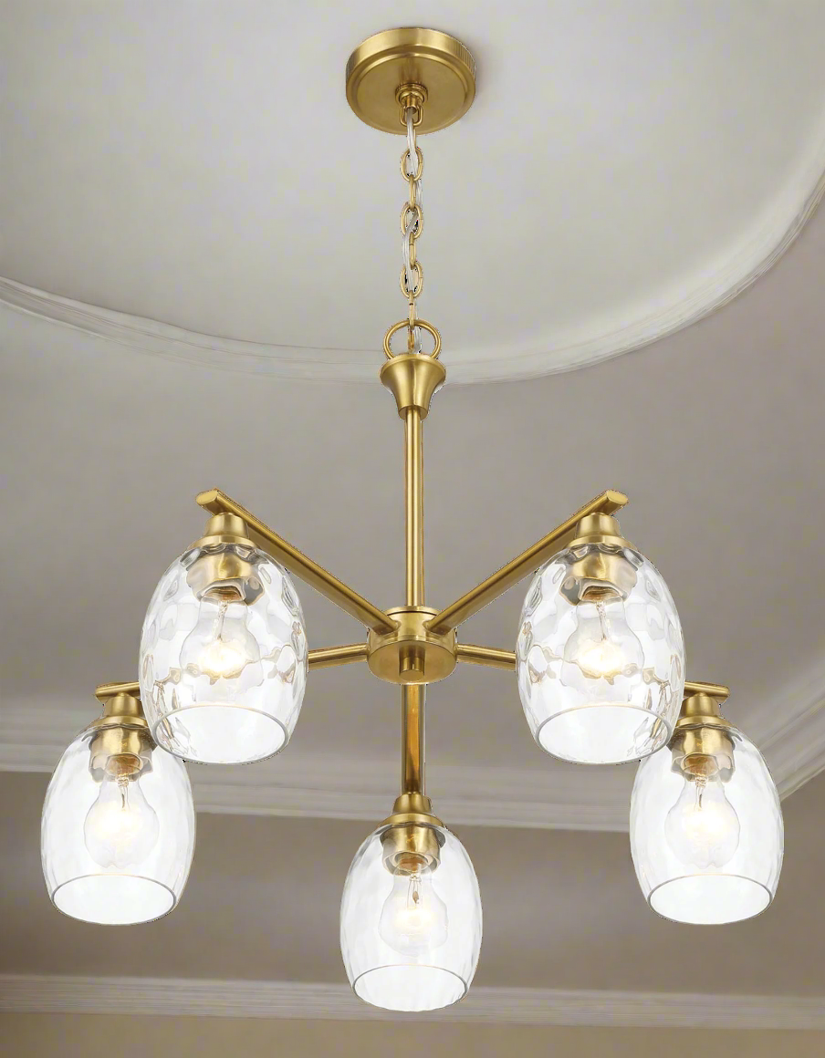 Elegance Five Lights Linear Arms with Golden Brass Finish Chain Chandelier 24"W × 8.5"H with Clear Water Glass Angled View.