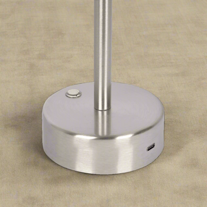 Elegance Rechargeable LED Table Lamp Brushed Nickel LED Touch Switch Base Closeup.