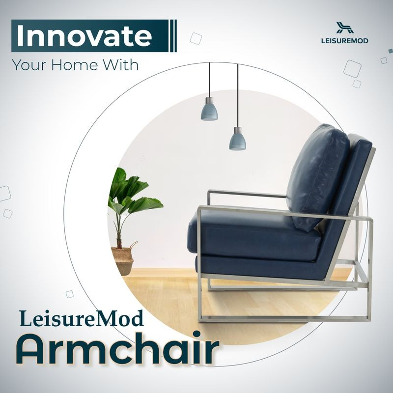 LeisureMod Jefferson Faux Leather Modern Design Accent Armchair with Elegant Silver Frame Navy Blue Innovation