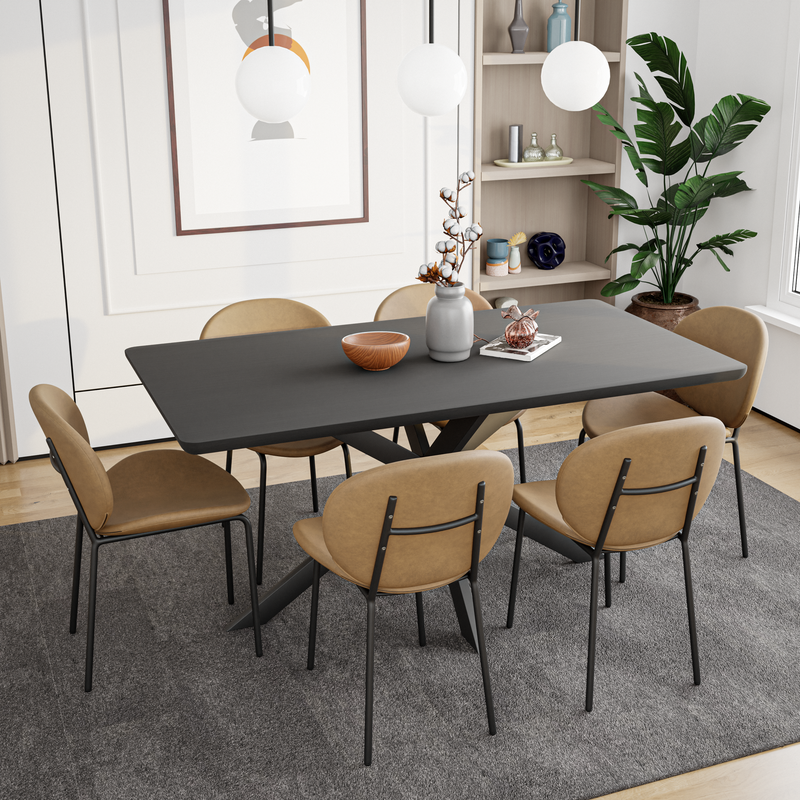 LeisureMod Servos Modern Dining Side Chair with Upholstered Faux Leather Seat and Powder Coated Iron Frame Sand Brown in Dining Room.