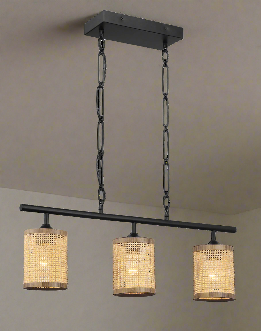 Elysian Three Lights Island with Natural Rattan Shade Farmhouse Chain Ceiling Lamp