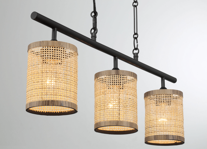 Elysian Three Lights Island with Natural Rattan Shade Farmhouse Chain Ceiling Lamp Closeup.