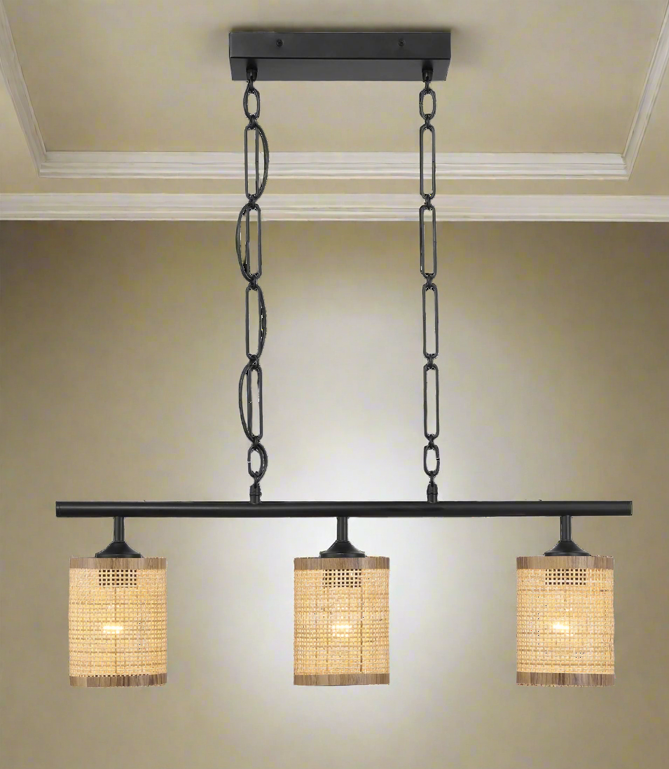 Elysian Three Lights Island with Natural Rattan Shade Farmhouse Chain Ceiling Lamp Front View.