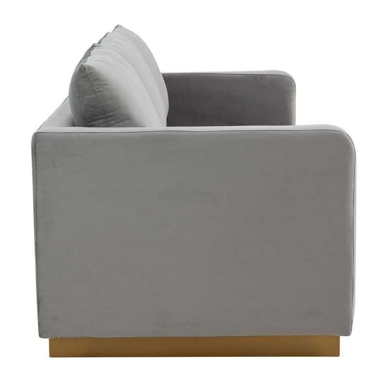 LeisureMod Nervo Modern Mid-Century Upholstered Velvet Sofa with Gold Frame Light Grey Side View.