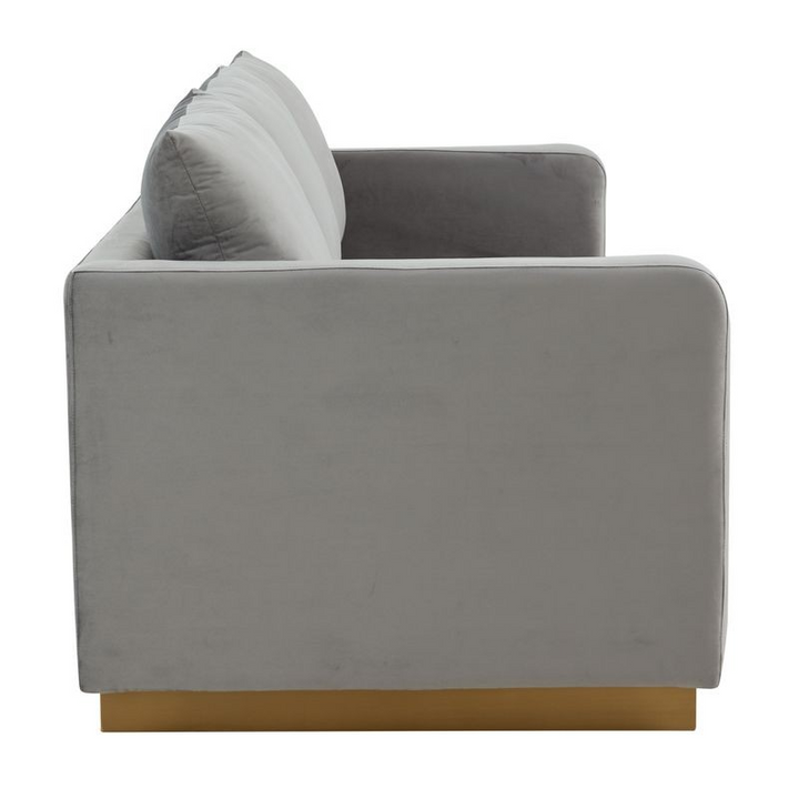 LeisureMod Nervo Modern Mid-Century Upholstered Velvet Sofa with Gold Frame Light Grey Side View.