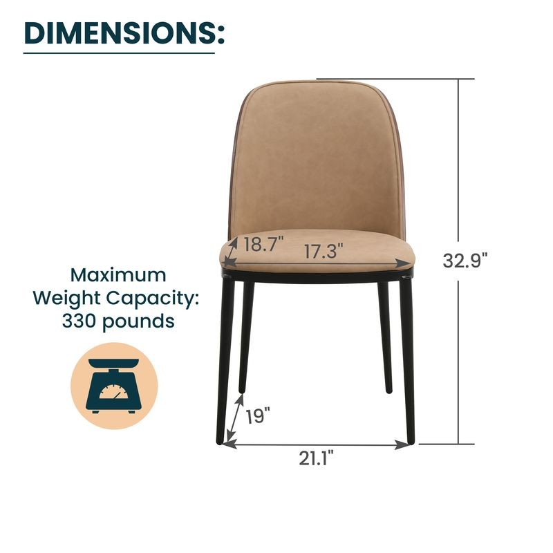 Beige chair with dimensions and weight capacity information on a white background.