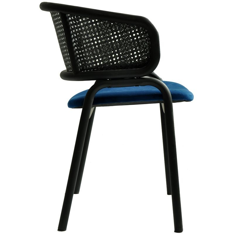 LeisureMod Ervilla Dining Armchair in Black Steel Frame with Black Wicker Back and Navy Blue Seat Side View.