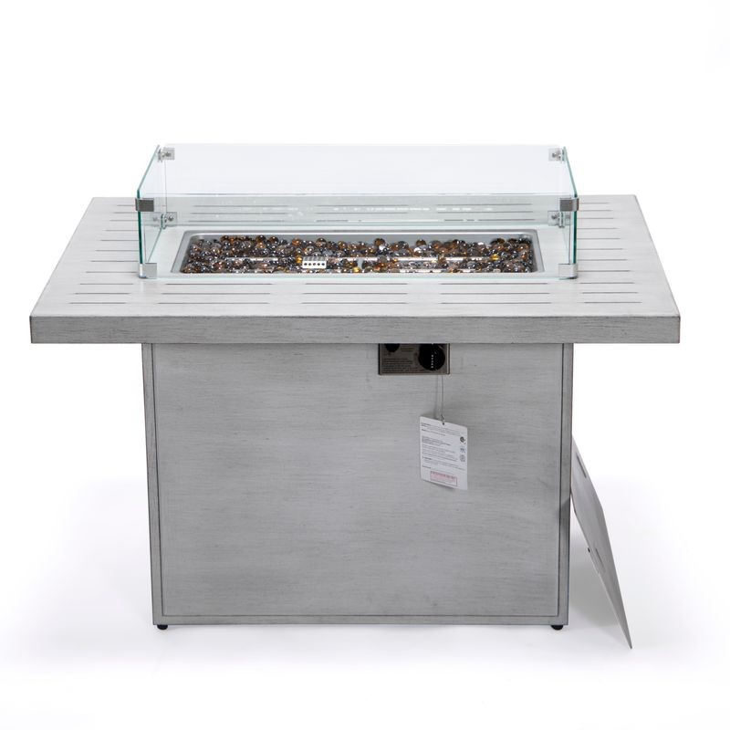 LeisureMod Chelsea Patio Modern Aluminum Propane Fire Pit Table Weathered Grey Front View.