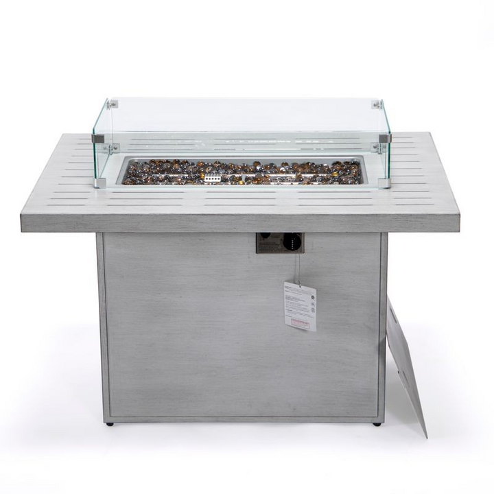 LeisureMod Chelsea Patio Modern Aluminum Propane Fire Pit Table Weathered Grey Front View.