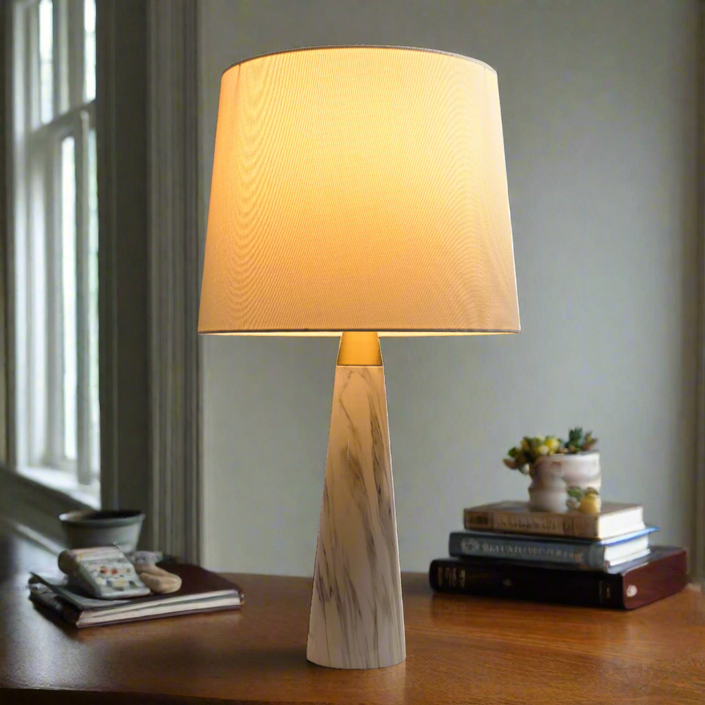 Enclave Hydro Black Table Lamp with On and Off Switch Faux Marble Base Fabric Shade Light On.