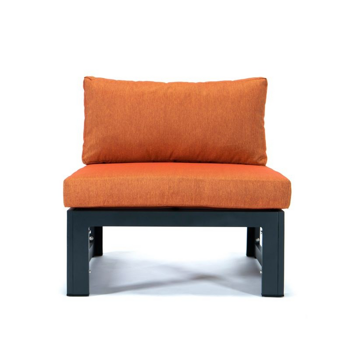 LeisureMod Chelsea 5-Piece Middle Patio Chairs and Coffee Table Set Black Aluminum with Cushions Orange Chairs.