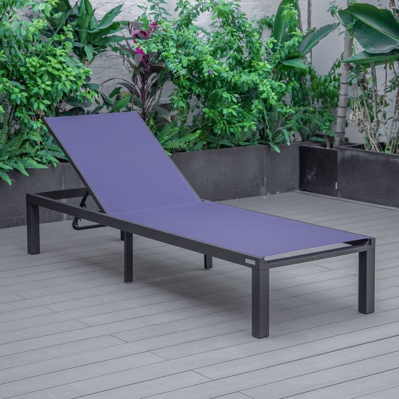LeisureMod Marlin Patio Chaise Lounge Chair with Black Aluminum Frame Navy Blue Photo.