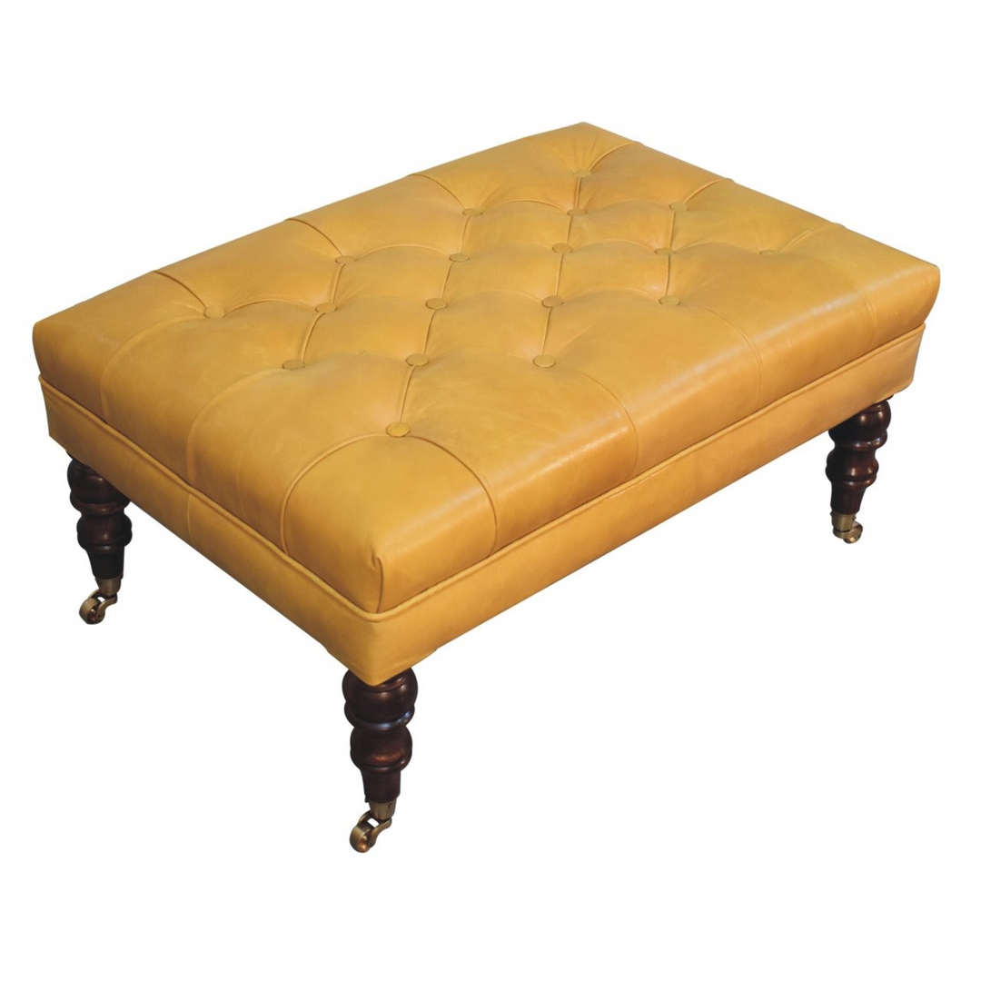 Honey Caramel Buffalo Ash Black Leather Ottoman with Castor Legs Top View