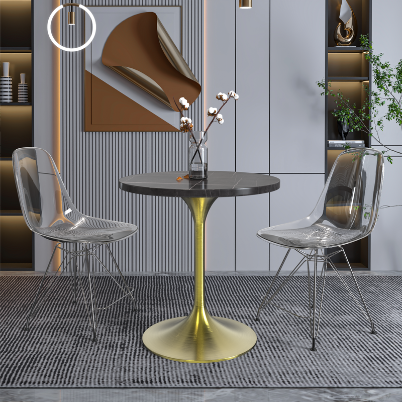 LeisureMod Verve Collection 27 Round Dining Table, Brushed Gold Base with Sintered Stone Black Top with Chairs.