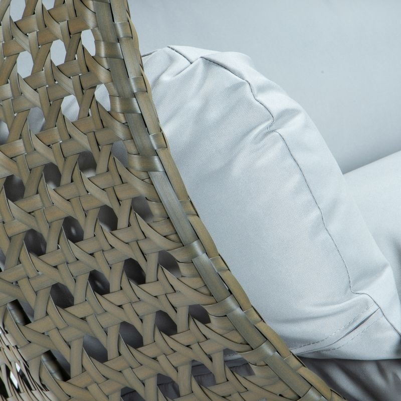 LeisureMod Beige Wicker Hanging 2 person Egg Swing Chair Light Grey Closeup.