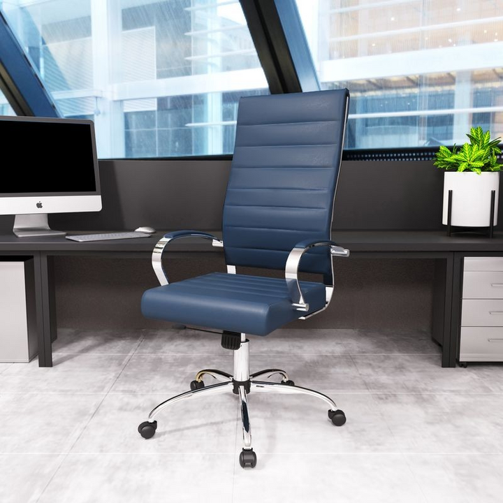 LeisureMod Benmar High-Back Leather Office Chair Navy Blue in Room.
