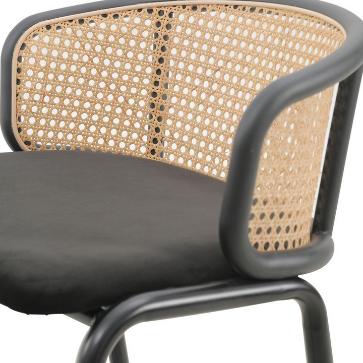 LeisureMod Ervilla Mid-Century Modern Wicker Bar Stool with Fabric Seat and Black Powder Coated Steel Frame in Black Closeup.