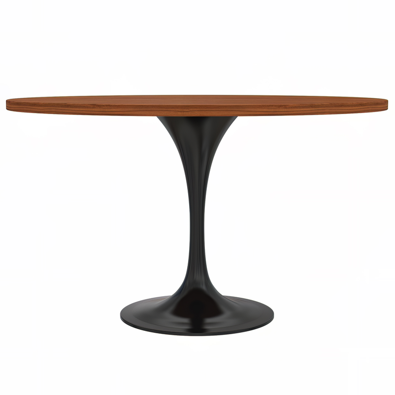 LeisureMod Verve Collection 48 Round Dining Table, Black Base with Cognac Brown MDF Top Side View.