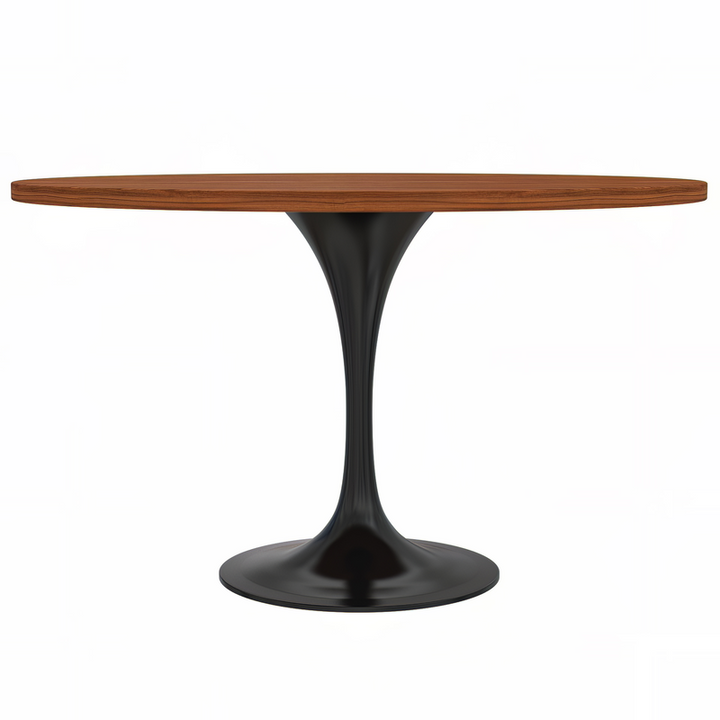 LeisureMod Verve Collection 48 Round Dining Table, Black Base with Cognac Brown MDF Top Side View.