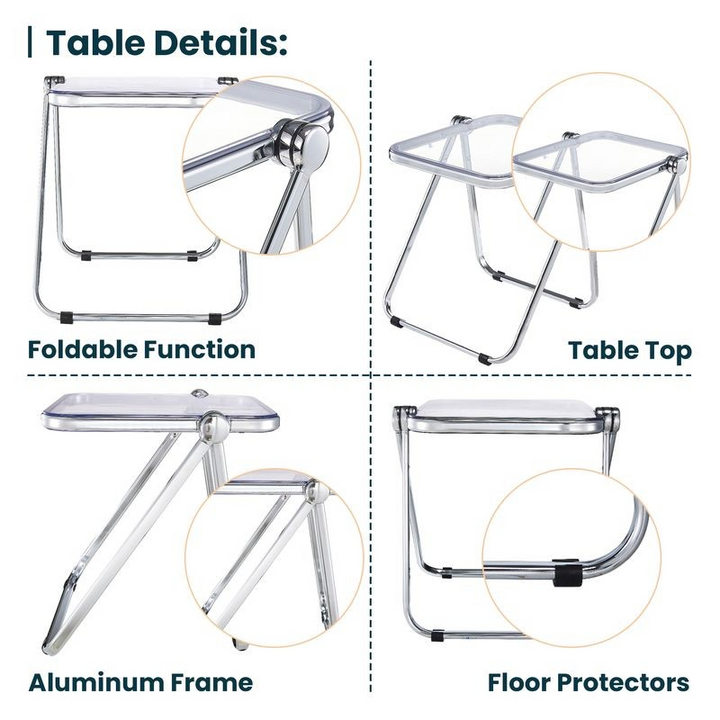 Foldable table with details on foldable function, table top, aluminum frame, and floor protectors.