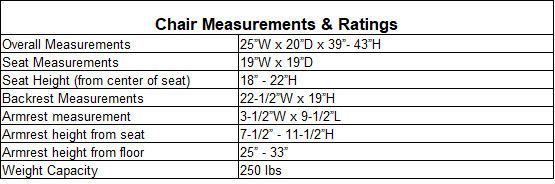 Ergonomic Mesh Back Ultra Office Chair with Sliding Armrests Size Chart