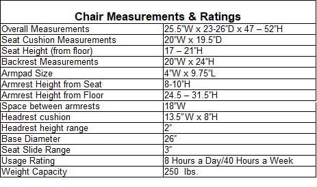 Ergonomic Adjustable Flex-Back Fabric Chair w/ Seat Slide Sizing Chart