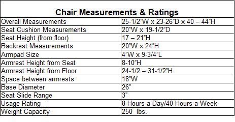 Ergonomic Adjustable Flex-Back Fabric Chair w/ Headrest & Seat Slide Sizing Chart