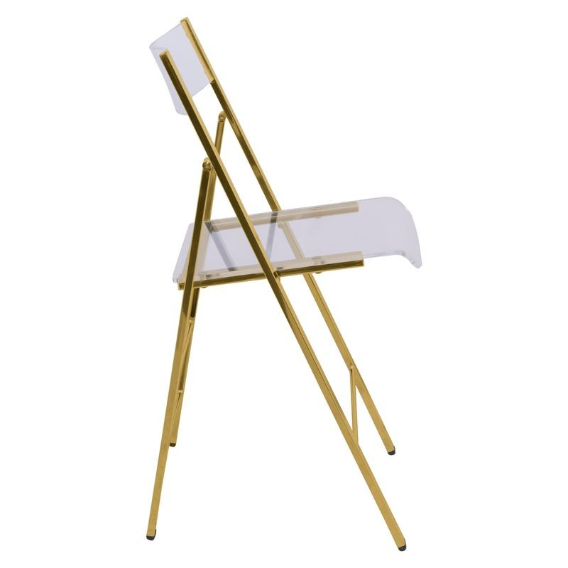 LeisureMod Menno Modern Acrylic Gold Base Folding Chair Side View.